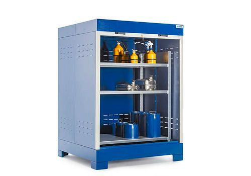 DENIOS SteelSafe gevaarlijke stoffen depot D4, met rolluik en stalen plank voor kleine containers, 220 liter, 291046