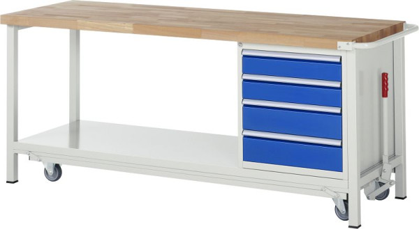 RAU werkbank met neerlaatbaar onderstel serie 8000, 4x lade, legbord, 2000x880x700 mm, 05-8162A6-207B4F.11