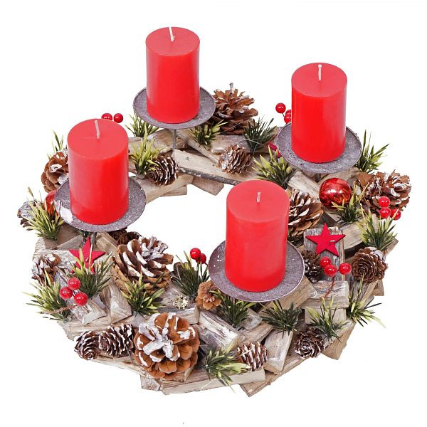 Mendler adventskrans HWC-H50, kerstversiering adventsarrangement kerstarrangement, hout rond Ø 33cm, incl. 4x rode kaarsen, 73495
