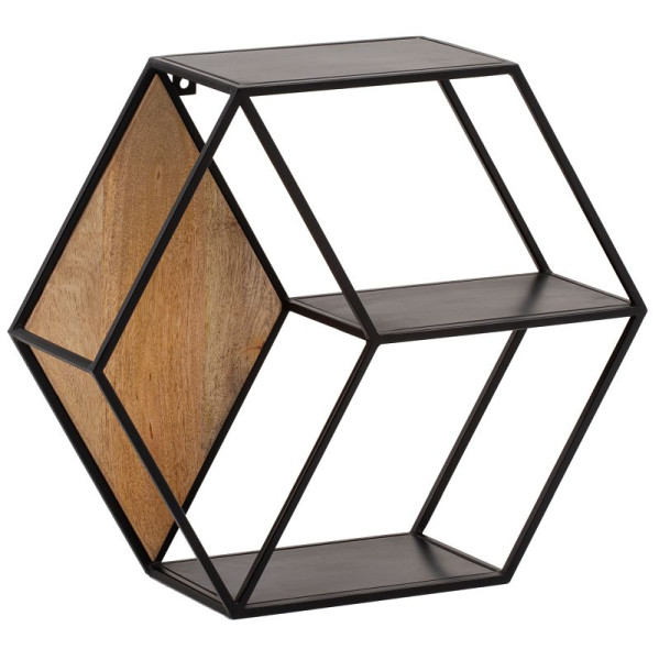 Wohnling wandplank 60x52x20 cm mango massief hout / metaal hangplank industrieel, zeshoekig design zwevende plank, met 3 planken, WL6.764