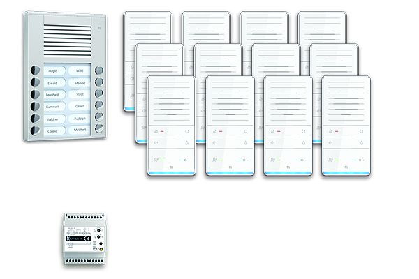 TCS deurbediening audio: pack AP voor 12 woonunits, met buitenstation PES 12 belknoppen, 12x handsfree luidspreker ISW5031, bedieningsunit BVS20, PAAF122 / 001