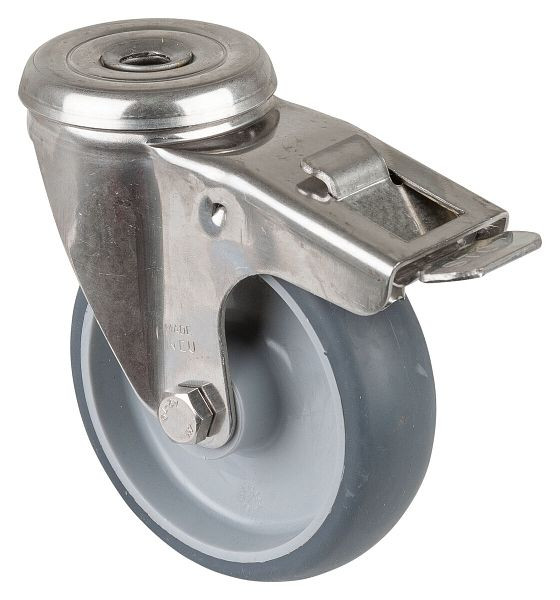 BS rollen RVS transportrol met rem, B30 mm, Ø100 mm, tot 80 kg, thermoplast grijze banden, glijlagers, H121.B43.100