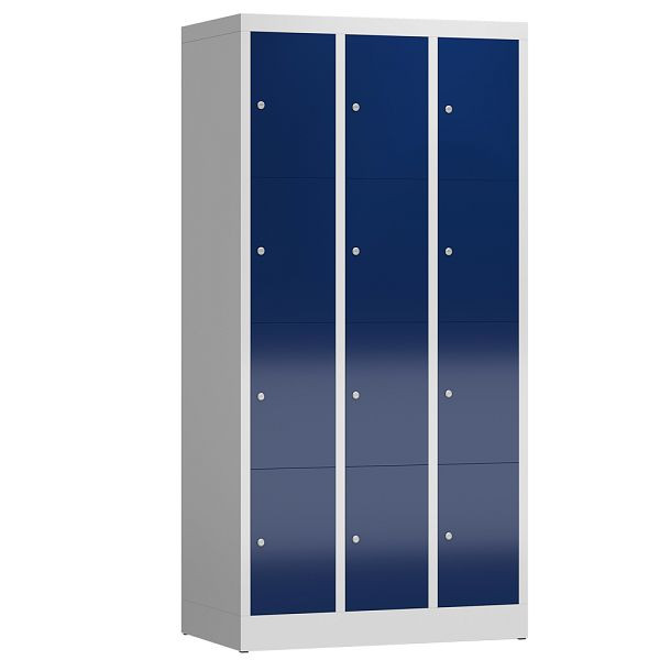 Lüllmann ClassiX lockerkast, 3 compartimenten met elk 4 compartimenten, 1800 x 870 x 500 mm, lichtgrijs/gentiaanblauw, X-520431