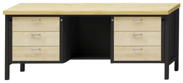ANKE kastwerkbank; 2000x700mm; Beuk massieve plaat; 3 laden links; Ga terug in het midden van de vloer; Rechts 3 laden 180 mm