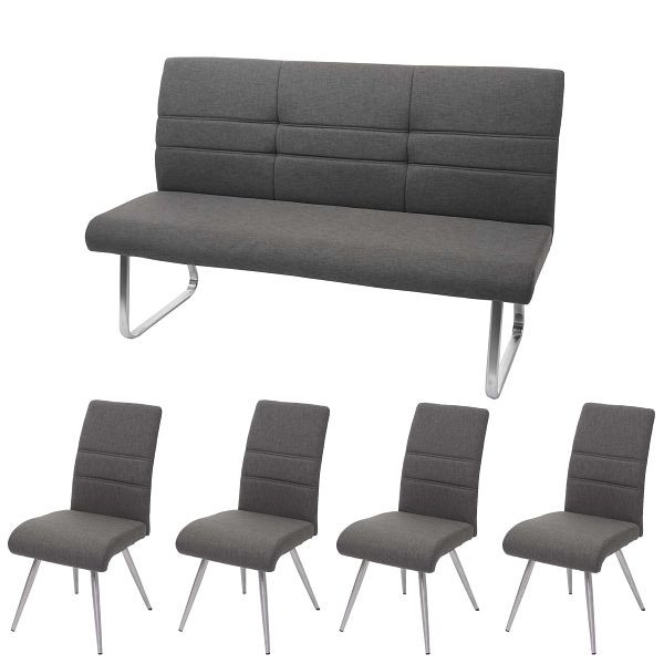Mendler Set 4x eetkamerstoel + bank HWC-G55, bank keukenstoel stoel, stof/textiel RVS, grijsbruine bank 160cm, 71707 + 2x71708