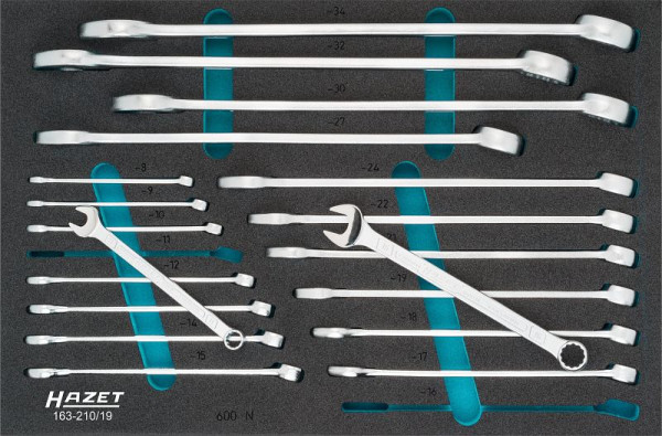 Hazet ringsleutelset, uitwendig dubbel zeskant trekprofiel, 8 - 34, aantal gereedschappen: 19, 163-210/19