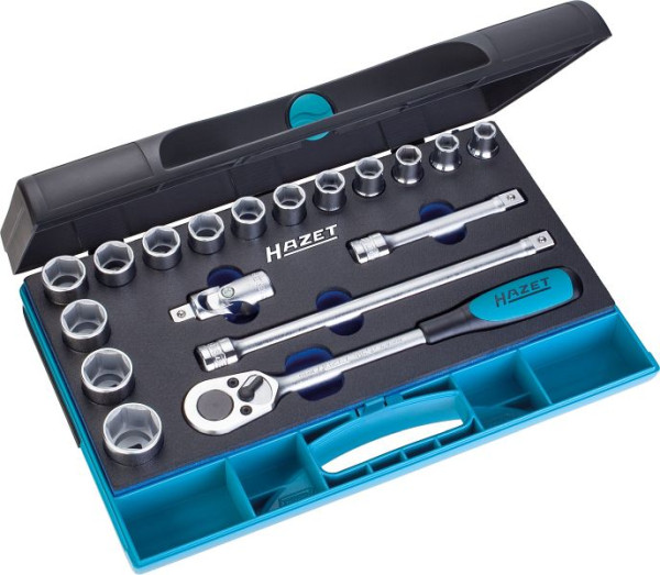 Hazet dopsleutelset, hol vierkant 12,5 mm (1/2 inch), buitenzeskant trekprofiel, kunststof koffer 165-L (1/3), 932/18