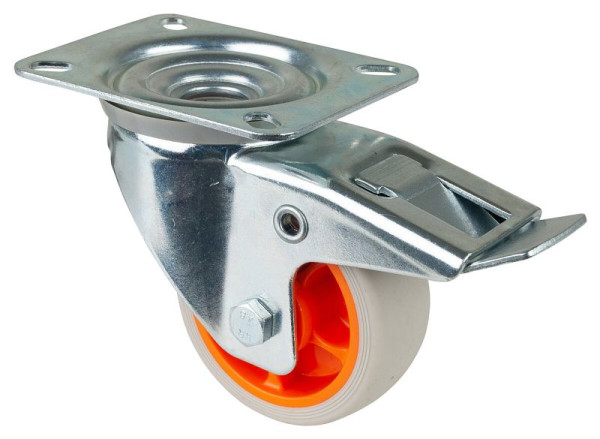 BS rollen, transportrol, zwenkwiel, rem, thermoplastisch rubberen wiel, lichtgrijze band, oranje velg, plaat: 80 mm, VE = 4 stuks, L420.B44.081.02