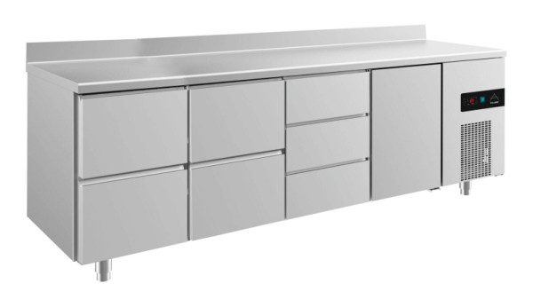 A&S Polarny koeltafel -2 tot +8°C met deur rechts, 2x twee laden en drie laden middenrechts, 2330 x 700 x 850 mm, met opstand, KT4ZZDTA