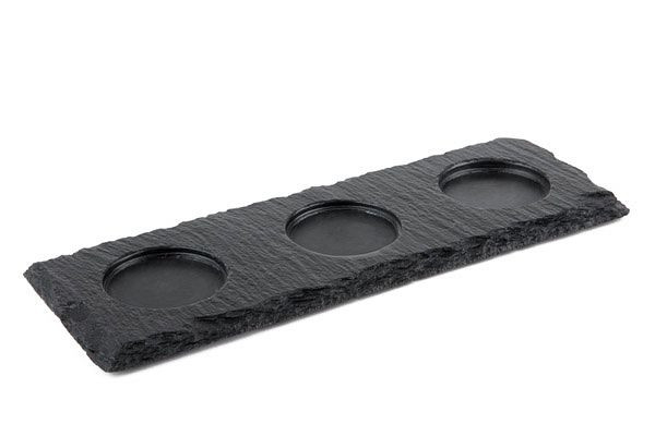 APS natuurleisteen bord, 28 x 10 cm, materiaaldikte 4-7 mm, met 3 schouders Ø 6 cm, 00987