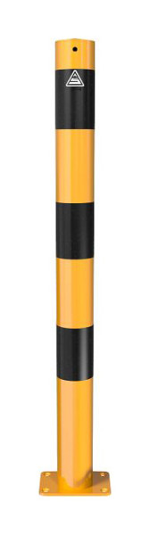 Schake afzetpaal stalen buis Ø 76 x 2,6 mm geel/zwart, stationair, voor plugbevestiging met voetplaat 100 x 150 mm, zonder oog, 476PBG