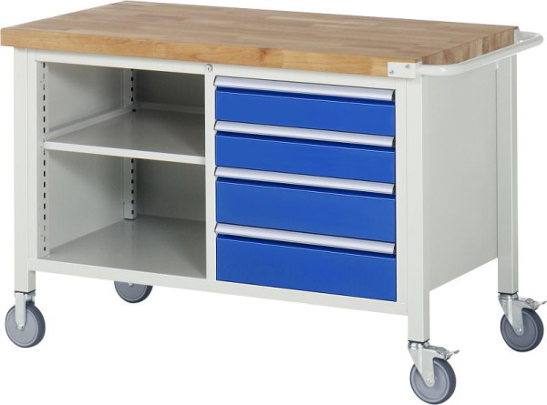 RAU verrijdbare werkbank 8000 - model 8463, B1250xD700xH880-1080mm, dubbele onderbouw bak, links: plank, rechts: 2xH120, 2xH150mm, 05-8463A2-127B4H.11