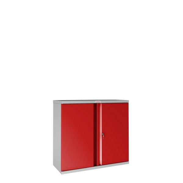 Phoenix SCL-serie stalen opbergkast met 2 deuren en 1 plank, grijze behuizing en rode deuren met sleutelslot, SCL0891GRK