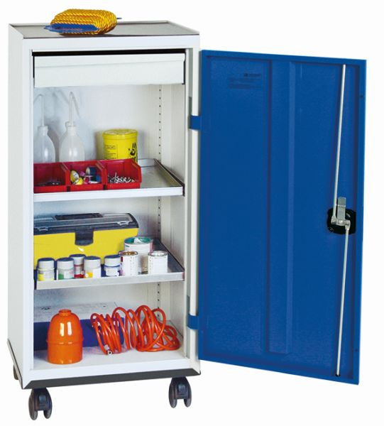 stronken gereedschaps- en materiaalkast serie 2000, 7035/5010, 1 lade, 2 legborden, onderstel op wielen, 2093174