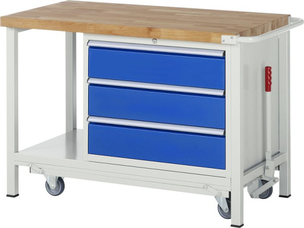 RAU werkbank met neerlaatbaar onderstel serie 8000, 3x lade, legbord, 1250x880x700 mm, 05-8257A6-127B4F.11