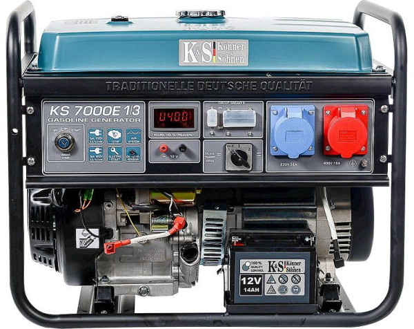 Könner & Söhnen 5500W benzine E-start stroomgenerator, 1x32A(230V)/1x16A(400V), 12V, voltregelaar, beveiliging tegen laag oliepeil, overspanningsbeveiliging, display, KS 7000E-1/3
