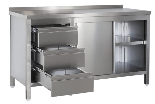 A&S Gastro RVS werkkast met opstaande rand, ladenblok links, deuren, tussenplank, diepte 800mm, AISI 304, 1800 x 800 x 850 mm, ARSASBL188
