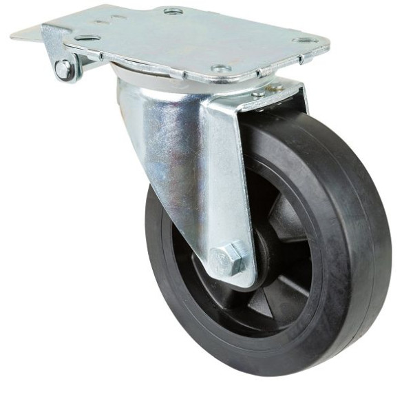 BS Rollers Zwenkwiel met centrale rem, zwarte elastische banden, kunststof velg, rollager, plaat, diameter: 200 mm, L440.B60.200