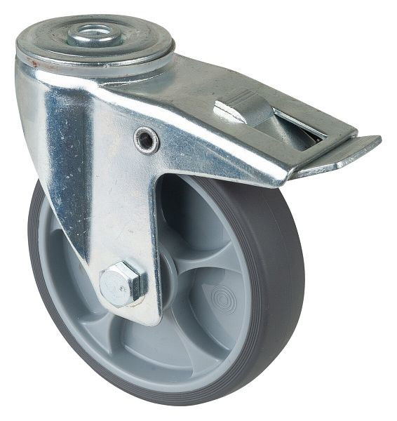 BS rollen transportwiel zwenkwiel met rem, grijs thermoplastisch rubberen wiel, kogellager, achtergat, diameter: 125 mm, verpakking: 2 stuks, L121.A85.127