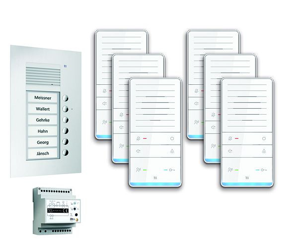 TCS deurbedieningssysteem audio: pack UP voor 6 wooneenheden, met buitenstation PUK 6 belknoppen, 6x handsfree luidspreker ISW5031, bedieningseenheid BVS20, PAUF061 / 001