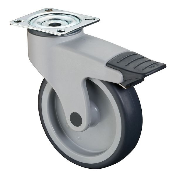 BS rollen Kunststof rol met rem, breedte 32 mm, Ø125 mm, tot 100 kg, grijs rubberen loopvlak, kunststof wiellichaam, glijlager, plaat, C120.A81.125