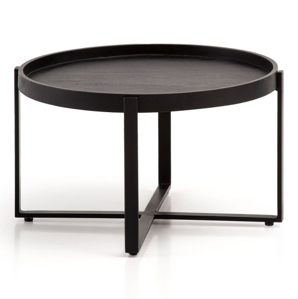 Wohnling salontafel 60x60x35 cm mango massief hout / metaal zwarte ronde banktafel, design woonkamertafel met verhoogde rand, WL6.803