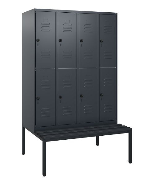 C+P Doppelstöckiger Spind Classic PLUS, 4 Abteile, 1950x1200x815mm, 7016/7016, Drehriegel, mit untergebauter Sitzbank, 0803505-40 S10072