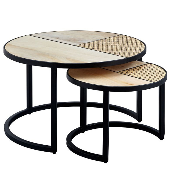 Wohnling Design woonkamertafel set van 2 mango/rotan rond, met metalen poten, hout/metaal, WL6.312
