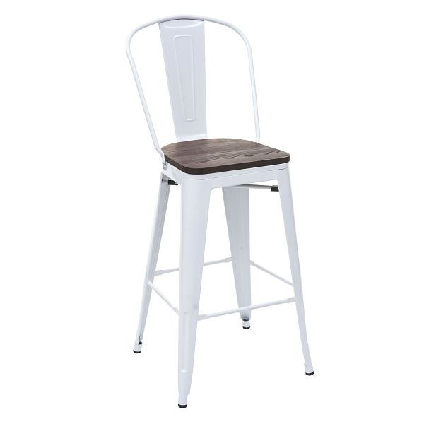 Mendler barkruk HWC-A73 incl. houten zitting, barkruk tegenkruk met rugleuning, metaal industrieel design, wit, 74897