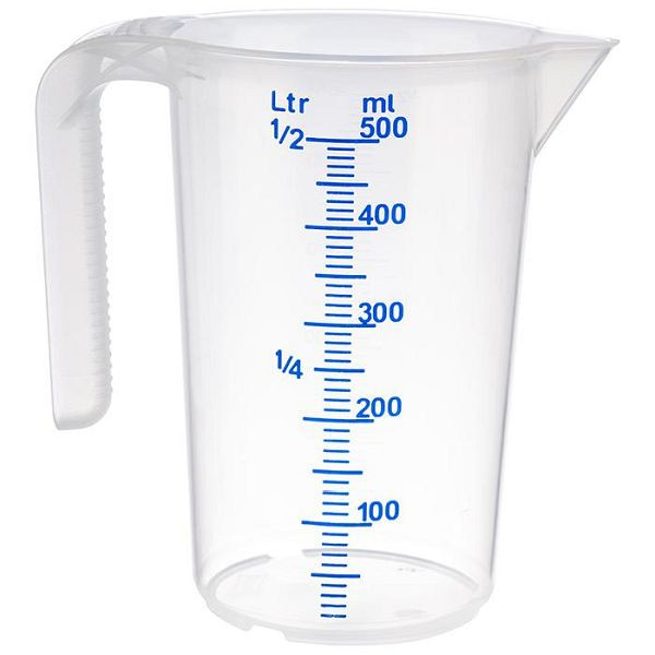 APS maatbeker, Ø 9 cm, hoogte: 14 cm, 0,5 liter, polypropyleen, met open handvat, schaalverdeling aan de buitenkant, 30061