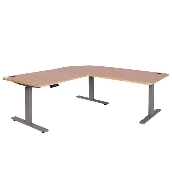 Mendler hoekbureau HWC-D40, computerbureau, elektrisch in hoogte verstelbaar 178x178cm 84kg, lichtbruin, grijs, 75756+62772