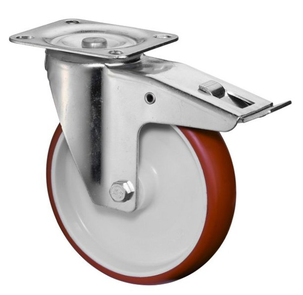BS rollen transportrol met rem, breedte 45 mm, Ø200 mm, tot 300 kg, rood polyurethaan, kunststof behuizing, rollager, plaat, L420.B31.200