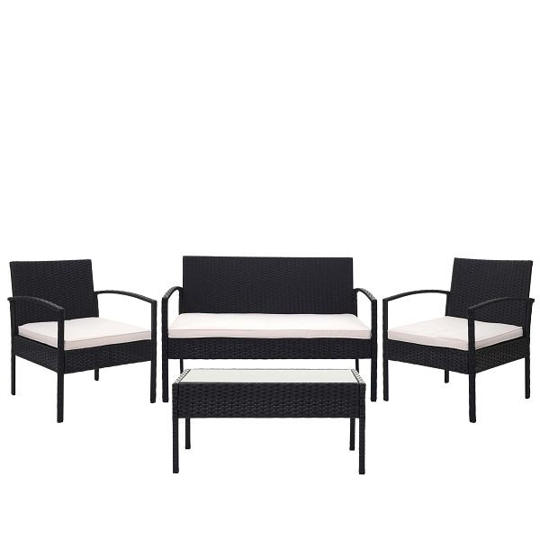 Mendler poly rotan set HWC-F56, balkon/tuin/loungeset, zwart, kussens creme, 69821