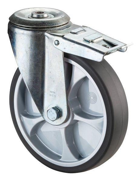 BS rollen transportwiel zwenkwiel met rem, grijs thermoplastisch rubberen wiel, kogellager, achtergat, diameter: 200 mm, L121.A85.202