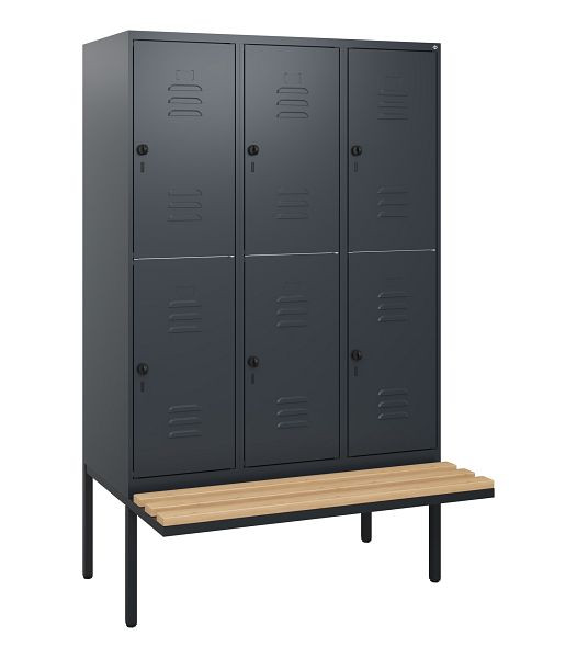 C+P Doppelstöckiger Spind Classic PLUS, 3 Abteile, 1950x1200x815mm, 7016/7016, Drehriegel, Sitzleisten aus Buche, schwebende Sitzfläche, 0803405-32 S10012