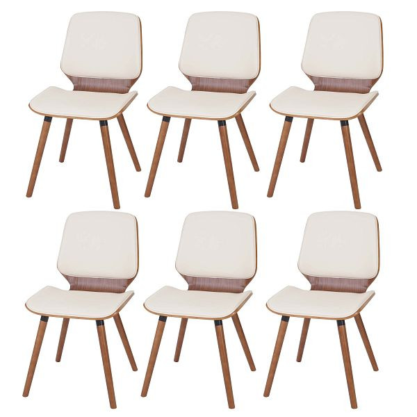 Mendler set van 6 eetkamerstoelen HWC-B16, hout gebogen hout retro design walnoot look, kunstleer creme, 3x60094