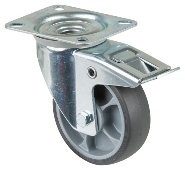 BS rollen transportrol met rem, breedte 32 mm, Ø100 mm, tot 110 kg, kunststof, kogellager, plaat, VE 4 stuks, L420.A85.102
