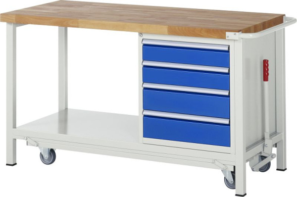 RAU werkbank met neerlaatbaar onderstel serie 8000, 4x laden, opbergplank, 1500x880x700 mm, 05-8162A6-157B4F.11
