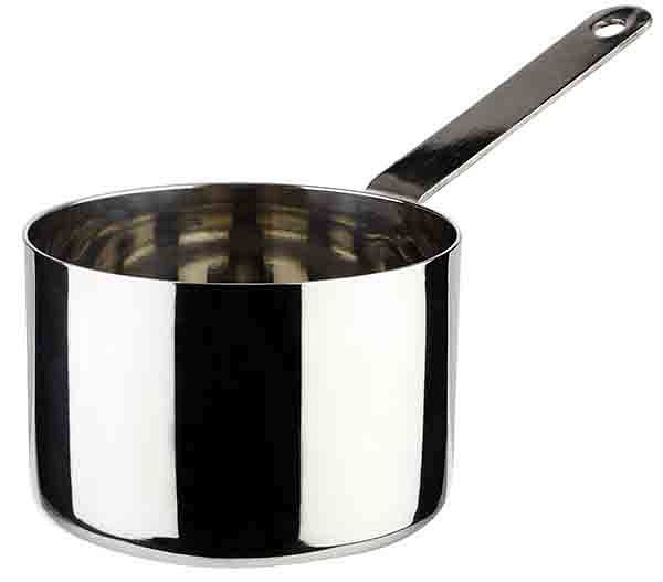 APS steelpan / serveerpot, Ø 9 cm, hoogte: 6 cm, RVS, 0,36 liter, handvat: 9 cm, 40644