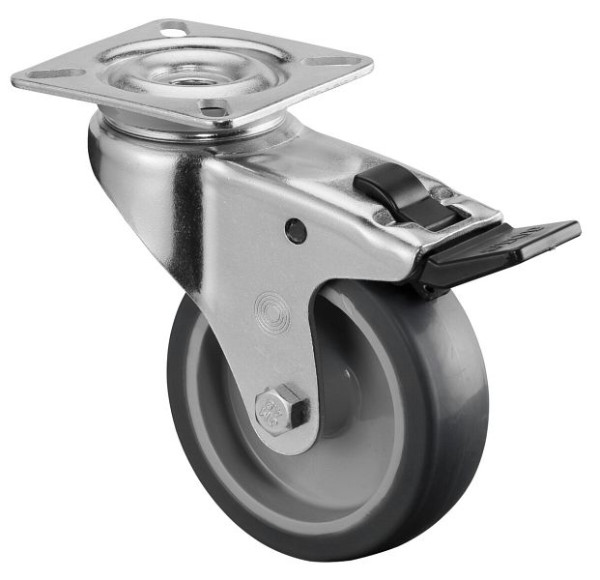 BS rollen apparaatrol, plaat, rem, breedte 25 mm, Ø75 mm, 60 kg, grijs rubberen loopvlak, glijlager, VE 8 stuks, A320.A80.075