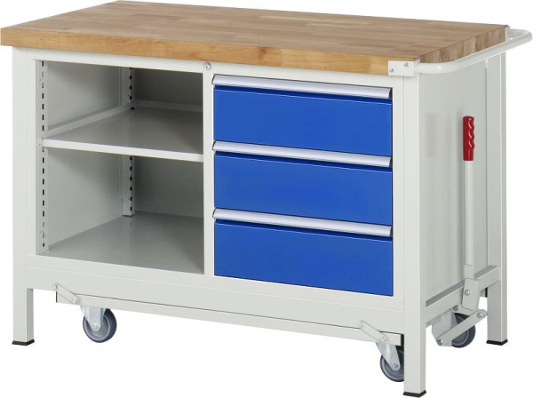 RAU werkbank met neerlaatbaar onderstel serie 8000, dubbele onderbouw bak (3x lade, 1x legbord), 1250x880x700 mm, 05-8462A2-127B4F.11