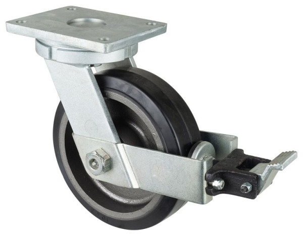 BS Rolls Zwaarlastwiel met wiel/slot, breedte 75 mm, Ø250 mm, tot 750 kg, zwarte elastische banden, gegoten velg, kogellagers, RR120.B81.252