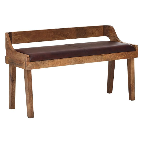 Wohnlingbank echt leer / massief houten bank 108x63x43 cm, met rugleuning, bruin, WL6.085