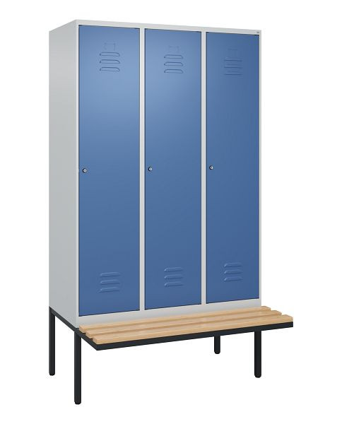 C+P Umkleidespind Classic PLUS, 3 Abteile, 2120x1200x815mm, 7035/5023, Zylinderschlösser, Buche-Sitzleisten, je 2 Doppel-Haken, 0800407-32F S10049
