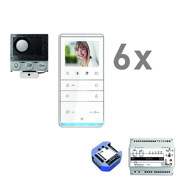 TCS video inbouw mailbox, 6 woonunits, ingebouwde luidspreker ASI12000 + 6x handsfree speaker IVW5111, besturingsapparaat + video tweedraadszender, PVIF060/001