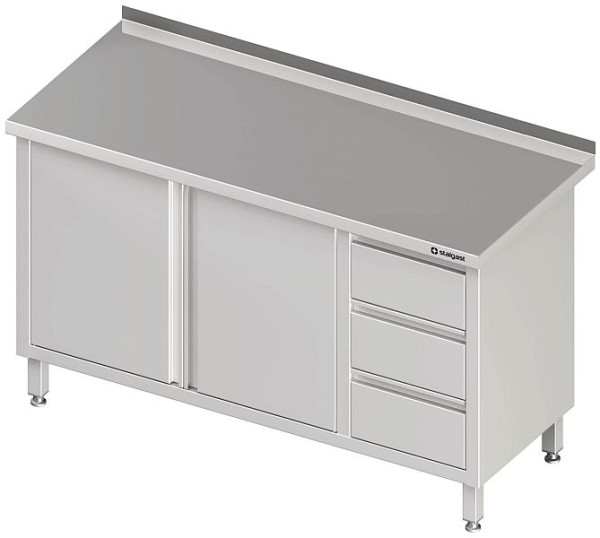 Werkkast Stalgast, hoogte 850 mm, met draaideur, met 3 ladenblok, zonder opstaande rand, gelast