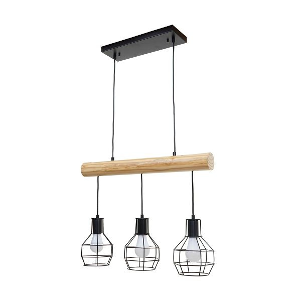 Mendler hanglamp HWC-H83, hanglamp hanglamp, industrieel vintage massief hout metaal zwart, 3 rooster lampenkappen, 74207