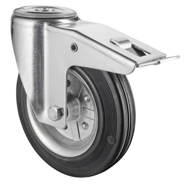 BS rollen transportrol met rem, breedte 50 mm, Ø200 mm, tot 200 kg, zwart rubberen loopvlak, wiellichaam stalen velg, rollager, L121.B58.200