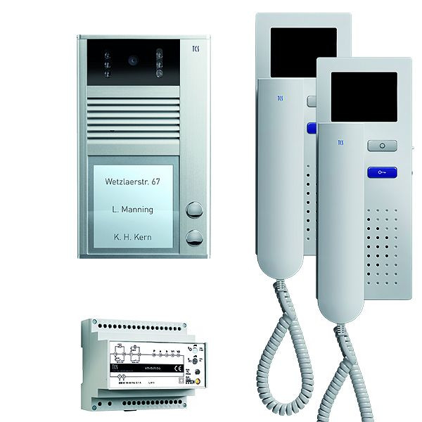 TCS deurbediening video: pack AP voor 2 wooneenheden, met voordeurstation AVC 2 belknoppen, 2x videodeurtelefoon IVH3222, bediening, PVC1420-0010