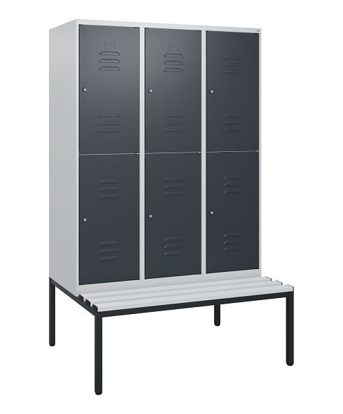 C+P dubbeldekskast Classic PLUS, 3 vakken, 1950x1200x815mm, 7035/7016, cilindersloten, met bank eronder, 0803505-32 S10083